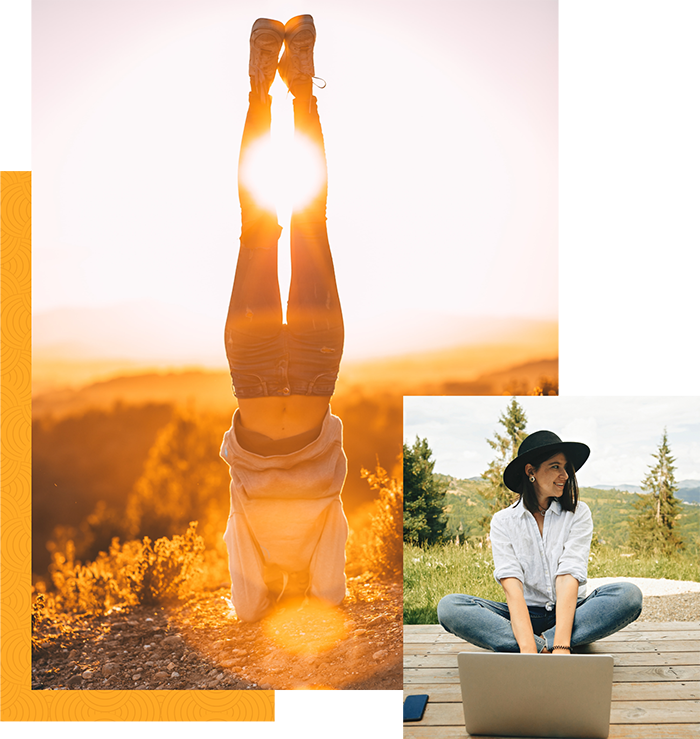 Collage of images, one girl on laptop, one woman doing a handstand